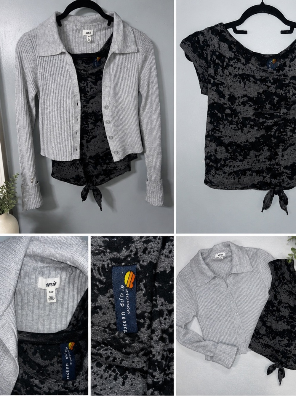 aerie Gray Ribbed Cardigan with Black Marbled Tie-Hem Set SML